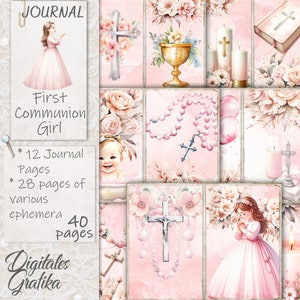 ERSTE KOMMUNION MÄDCHEN Journal Kit, Christian Junk Journal, Journal Seiten, Glaube, Blumen, bedruckbar, erste Kommunion Rosa Sammelalbum