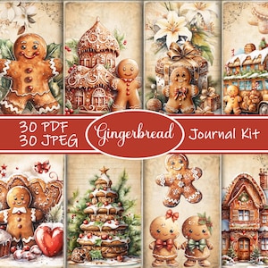 Kit de diario basura navideño de pan de jengibre, diario basura festivo, páginas de diario, hoja completa, flores, imprimible, hombre de jengibre