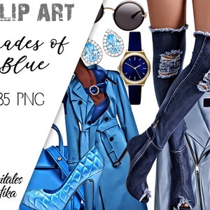 Blue Fashion Clipart: High Heels, Handbag, Clothing (PNG Digital Download)