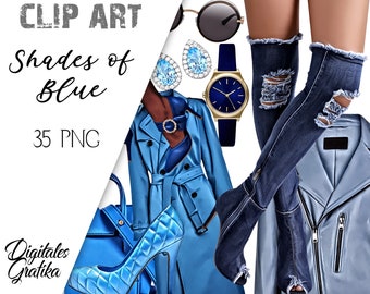 SHADES of BLUE FASHION Clipart, High Heels Clip Art, Blue Clothing Clip Art, Commercial Clipart, Planner Clipart, Handbag Clipart