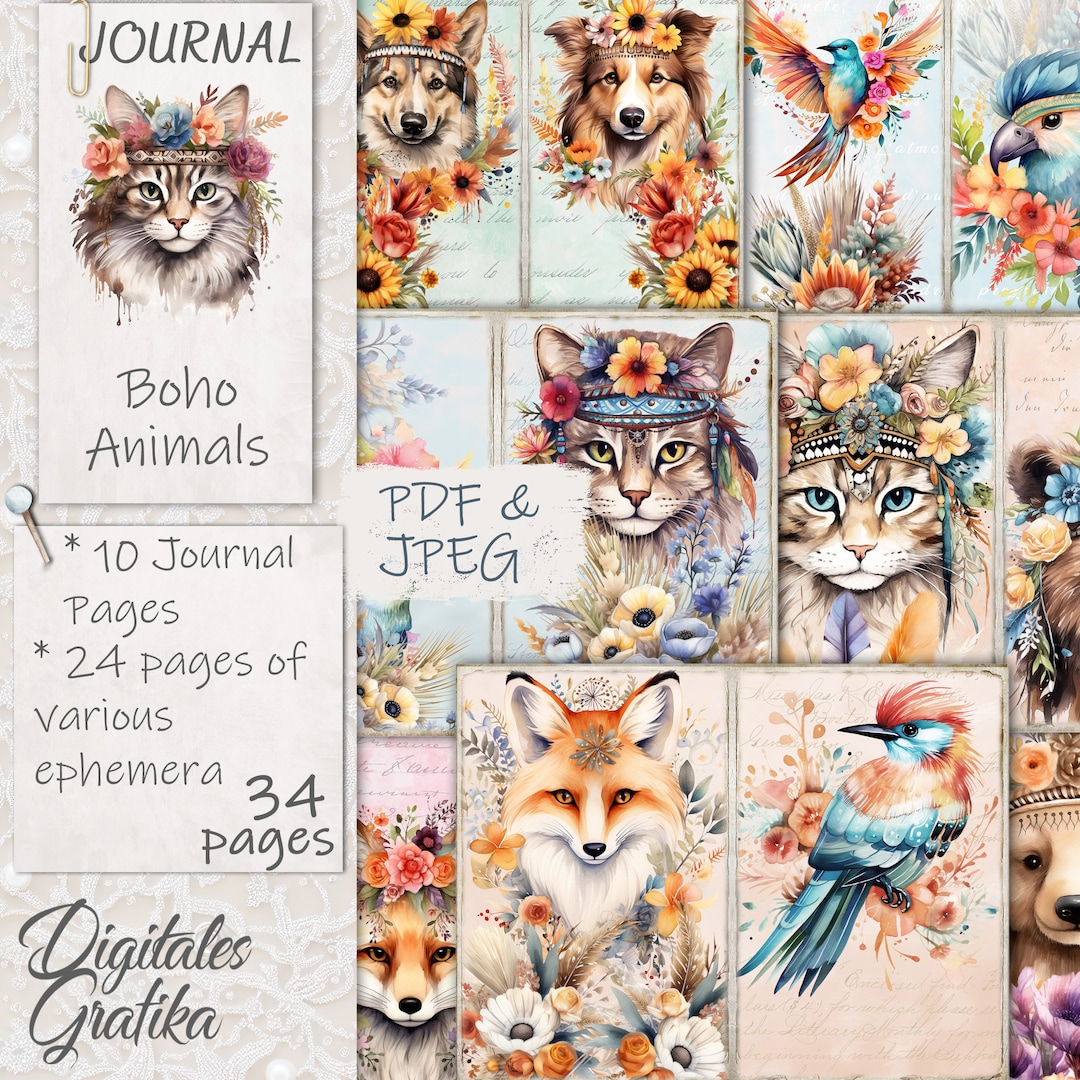 Boho Animals Junk Journal Kit, Boho Junk Journal, Journal Pages, Full ...