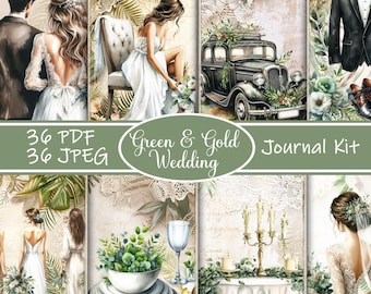 May include: A digital journal kit with a green and gold wedding theme. The image features illustrations of a bride and groom, a vintage car, and floral arrangements. Text on the image reads "36 PDF 36 JPEG" and "Green & Gold Wedding Journal Kit."