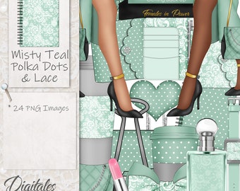 May include: A digital clip art set featuring teal polka dots and lace designs. The set includes a notebook, a coffee cup, a heart, a bow, a purse, a lipstick, a perfume bottle, and a pair of high heels. The text "UNSTOPPABLE The Art of Getting Back Up Females in Power" is visible on a book.