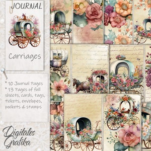 CARROZZE DIARIO KIT / Diario spazzatura della carrozza a cavallo / Pagine / Buste / Carta / Download / Stampabile / Fiori / Vintage