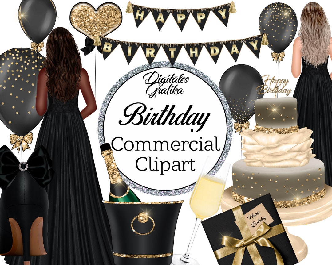 BLACK AND GOLD Birthday Fashion Clip Art Fashion Girls - Etsy