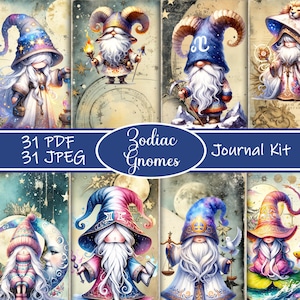 Kit de diario de gnomos del zodíaco, efímeras astrológicas imprimibles, páginas de álbum de recortes celestiales, descarga digital, álbum de recortes de signos del zodiaco