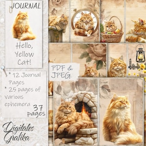 Hello Yellow Cat Junk Journal Kit, Vintage Junk Journal, tijdschriftpagina's, volledig vel, bloemen, afdrukbaar, Cats Junk Journal, kattencadeau