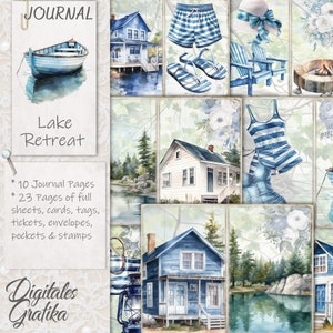 LAKE RETREAT JOURNAL Kit, vintage junkjournaal, dagboekpagina's, volledig vel, bloemen, afdrukbaar, natuurdagboek, weekenddagboek