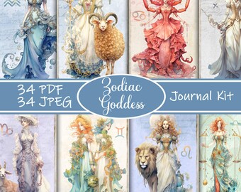 Kit de diario basura de las diosas del zodiaco: páginas imprimibles vintage (PDF/JPEG)