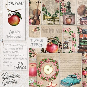 Junk Journal Kit APPLE BLOSSOM, Páginas de Apple Blossom, Sobres, Papel de frutas, Digital, Descarga, Imprimible, Blossom Imprimible, Manzanas