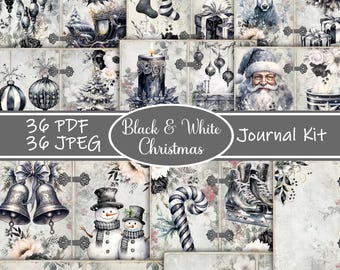 May include: Black and white Christmas journal kit with 36 PDF and 36 JPEG files. The kit includes images of snowmen, bells, a deer, a candy cane, and a winter scene.