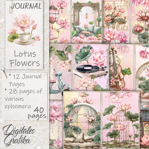Junk Journal Kit LOTUSBLOEMEN, bloemendagboek, lotusdagboek, bloemen, bloemen, afdrukbaar, bloemendagboek, lotusbloemcadeau