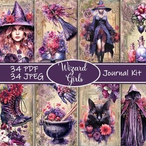 Wizard Girls Junk Journal Kit, Magic Digital Journal, Wizard Ephemera, Printable Magic School Pages, Fantasy Scrapbook Paper