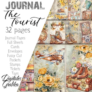 HET TOERISTISCHE TIJDSCHRIFT Kit, vintage junkjournaal, dagboekpagina's, volledig vel, bloemen, afdrukbaar, reisdagboek