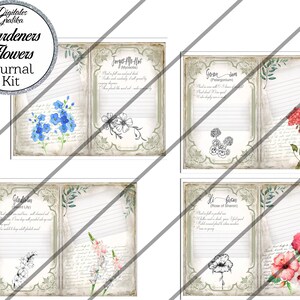 May include: A set of four printable journal pages featuring vintage-style illustrations of flowers, including forget-me-nots, geraniums, gladiolus, and hibiscus. Each page includes the flower's common and botanical names, along with space for journaling.