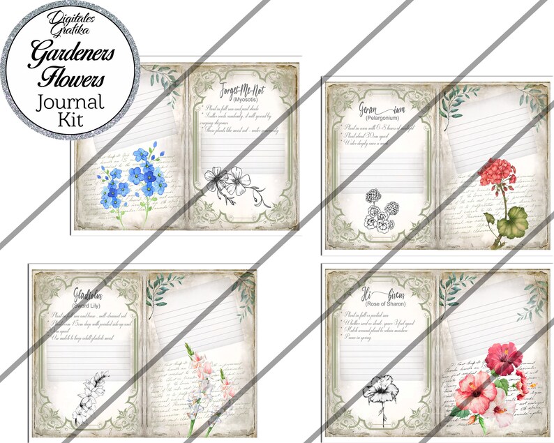 May include: A set of four printable journal pages featuring vintage-style illustrations of flowers, including forget-me-nots, geraniums, gladiolus, and hibiscus. Each page includes the flower's common and botanical names, along with space for journaling.