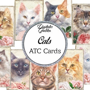 Cats ATC Cards, Journal Ephemera, Printable Ephemera, Digital Download, Beautiful Cat Cards, Cat Scrapbook Embellishments