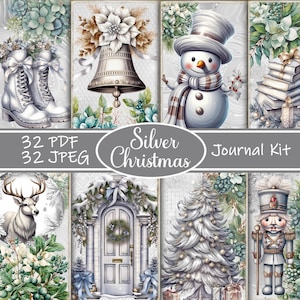 Silver Christmas Junk Journal Kit, Elegant Holiday Printable Pages, Winter Ephemera Pack,  Digital Christmas Scrapbook Kit, Silver Holiday