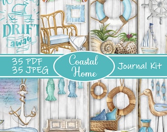 Coastal Home Junk Journal Kit, Printable Vintage Ephemera, Beach Cottage Scrapbook Paper, Ocean Journal Pages, Beach House Scrapbook