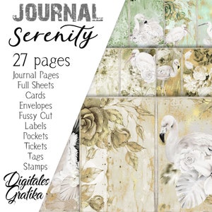 SERENITY JOURNAL KIT, Birds Journal, Animal Journal, Flamingo Journal, Journal witte bloemen, Serenity Paper, afdrukbaar