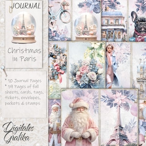 CHRISTMAS in PARIS JOURNAL Kit, feestelijk junkjournaal, dagboekpagina's, volledig vel, bloemen, afdrukbaar, kerstpapier