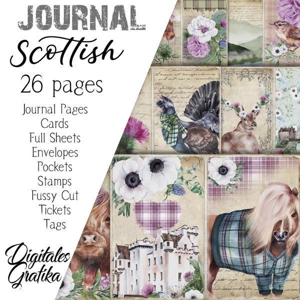 SCOTTISH JOURNAL KIT, Highlands Journal, Scotland, Scottish Papers, Pages, Printable, Tartan, Scottish Animals