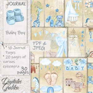 Kit de diario basura para bebé, Diario de bebé bohemio, Diario de bebé azul, Fiesta de bienvenida al bebé, Papeles de bebé, Páginas, Imprimible, Nueva mamá, Diario de guardería de bebé