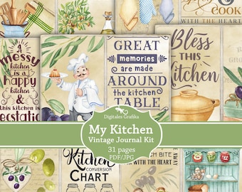 Kit imprimible de diario de cocina, recuerdos de cocina vintage, recetas y páginas de despensa, descarga digital
