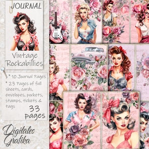 VINTAGE ROCKABILLIES JOURNAL Kit, vintage junkjournal, tijdschriftpagina's, volledig vel, bloemen, afdrukbaar, retro Girls Junk Journal
