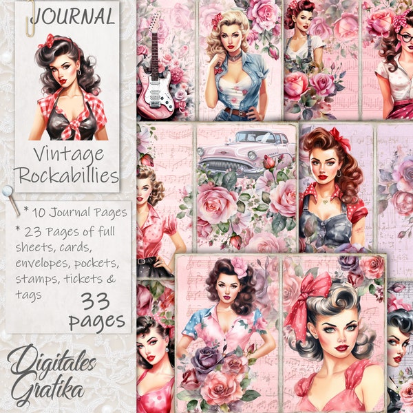 VINTAGE ROCKABILLIES JOURNAL Kit, Vintage Junk Journal, Journal Pages, Full Sheet, Flowers, Printable, Retro Girls Junk Journal
