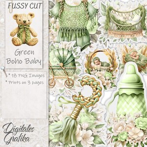 GRÜNES BOHO BABY wählerischer fussy Schnitt | Blaue Babybilder | Wählbarer Schnitt | Journal Ephemera | Sammelalben-Schnitte