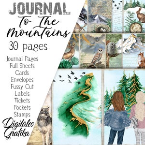 Junk Journal Kit TO THE MOUNTAINS, Winter Junk Journal, pagina&#39;s, enveloppen, papier, download, afdrukbaar, bos, avontuur