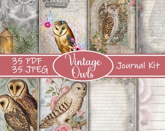 Vintage Owls Junk Journal Kit, Woodland Owl Printable Ephemera, Bird Scrapbook Pages, Nature Junk Journal, Digital Owl Kit, Owl Scrapbook