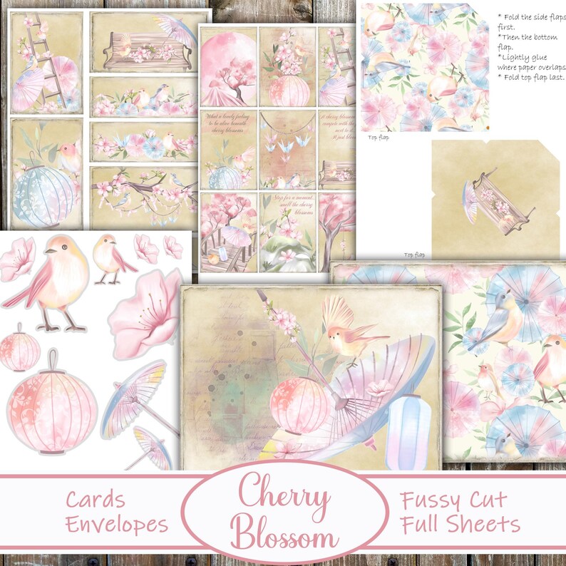 Pu&ograve; includere: Un pacchetto di carta digitale a tema fioritura di ciliegio. Il pacchetto include carte, buste, fogli per ritagli precisi ed elementi digitali. Le immagini presentano fiori di ciliegio rosa, uccelli e lanterne.