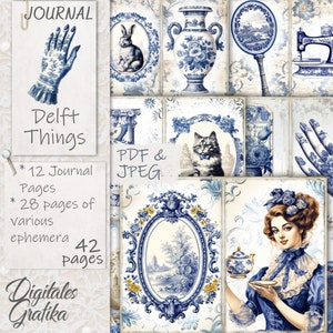 Delft Blue Junk Journal Kit: Printable Porcelain Ephemera (PDF & JPEG)