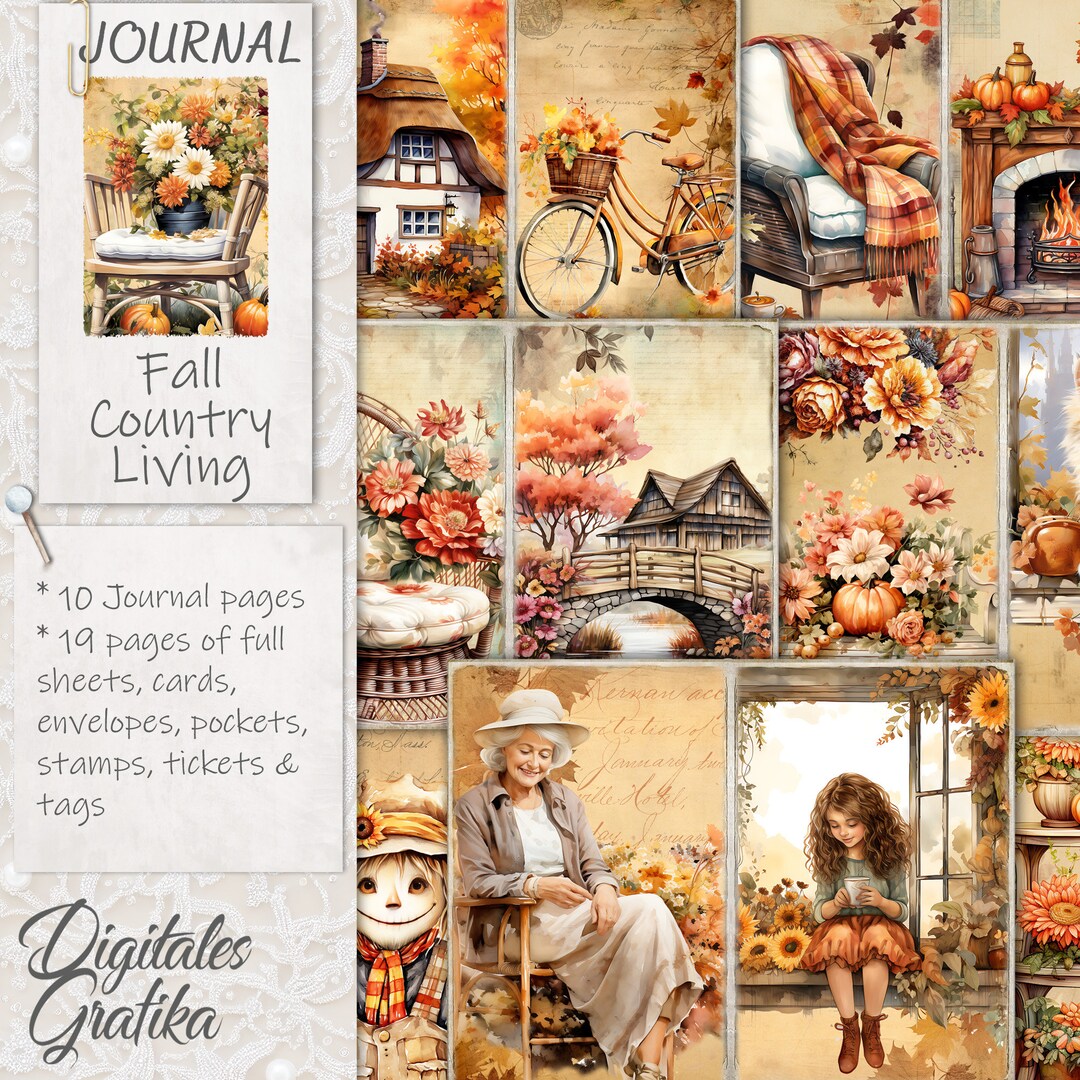 FALL COUNTRY LIVING Journal Kit, Vintage Junk Journal, Journal Pages
