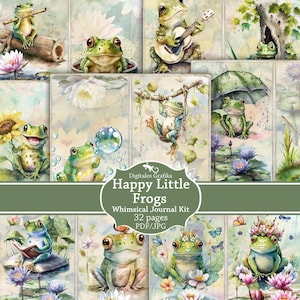 Happy Little Frogs Junk Journal Kit Printable, Cute Amphibian Ephemera, Nature Pond Pages, Digital Download