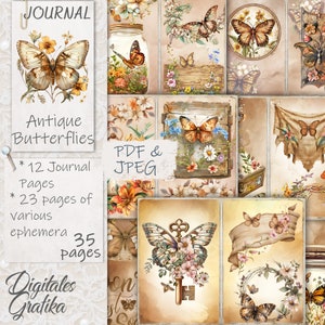 Kit de carnet de voyage papillons antique, carnet de voyage papillon, pages de journal, feuille complète, fleurs, imprimable, album de scrapbooking papillons vintage