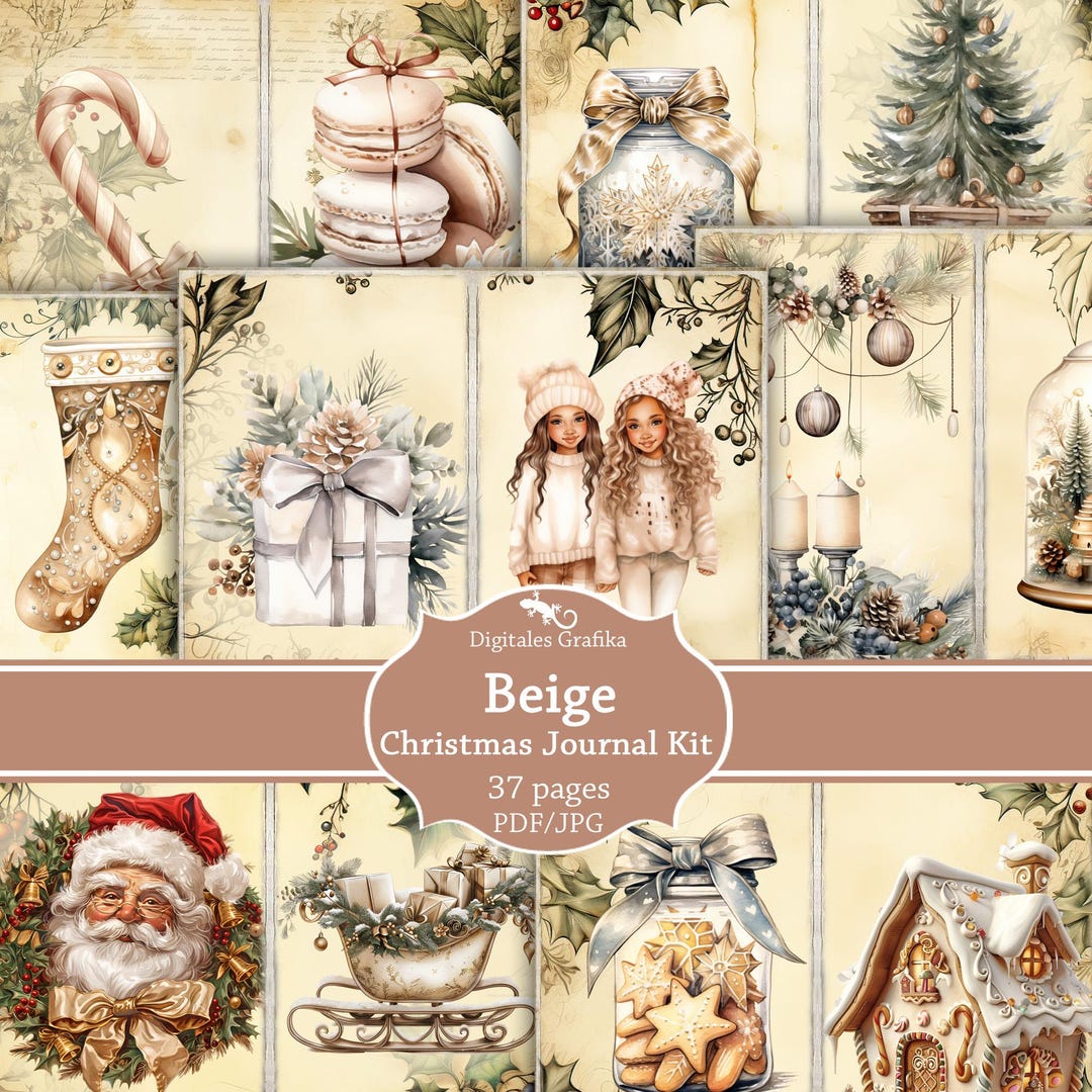 Beige Christmas Junk Journal Kit, Neutral Holiday Ephemera Printable ...