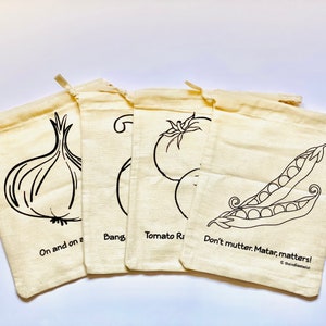 Eco-friendly soft cotton veggie bags with fun food messages