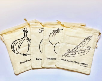 Eco-friendly soft cotton veggie bags with fun food messages