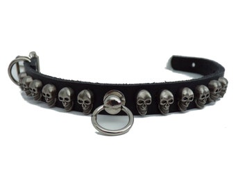 Handmade Real Leather Dog Collar with Skulls Studs Spiked Chihuahua Custom Collar XS S Red Pink Black Small Extra Small