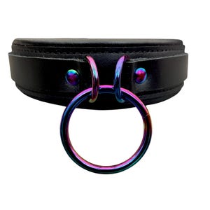 Real leather Collar I Choker Collar Black Padded Leather I 30mm Wide 35mm Centre O Ring iridescent hardware rainbow hardware rainbow choker