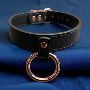 Black Leather Day Collar Choker With Centre O Ring | Collar Owned Choker Vegan Leather Handmade Rose Gold Choker 24mm wide