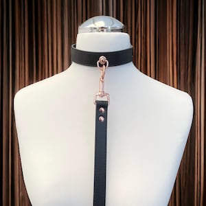 Quality Leather Choker Collars And Leash Set I Custom Collar Stitched Vegan Leather, Rose Gold Hardware I Handmade faux  Leather Choker