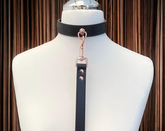 Quality Leather Choker Collars And Leash Set I Custom Collar Stitched Vegan Leather, Rose Gold Hardware I Handmade faux  Leather Choker