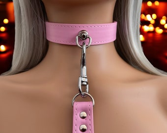 Leather Choker Collar And Leash Baby Pink | Stitched Vegan Leather Custom Collar & Lead in Black, White And Purple Handmade