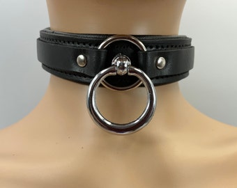 Genuine Leather Locking Choker Collar I Black Padded Leather 30mm Wide I Pull Ring Collar With Padlock Handmade Leather Necklace Jewelry