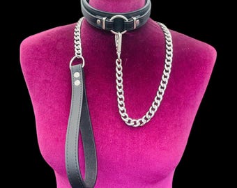 Leather Choker Collar And chain Leash Set I Custom Collars Stitched Top Quality Leather | Unique layered collar design | o ring  CL_lay_O_SL