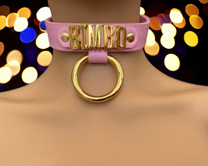 May include: Pink leather choker with a gold metal ring and the word "BIMBO" spelled out in gold letters.